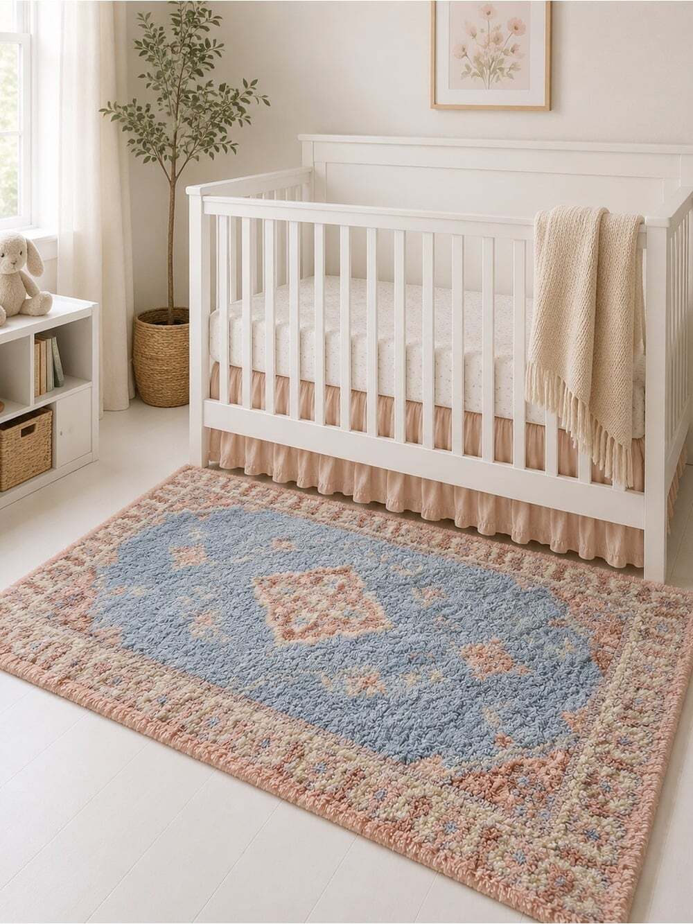 Vintage Handmade Hooked Rug 37” x 59” – Pastel Blue Pink Floral Medallion